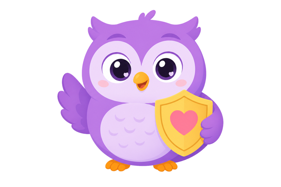 KidSafe owl mascot holding a heart shield